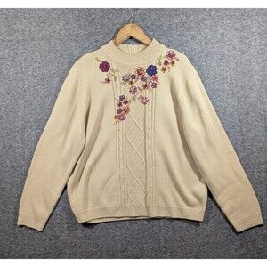 Vintage Alfred Dunner Sweater Cream Beige Floral Embroidered Cable Knit Size XL